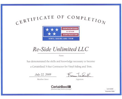 Re-Side Unlimited LLC CertainTeed 5-Star Contractor Certificate