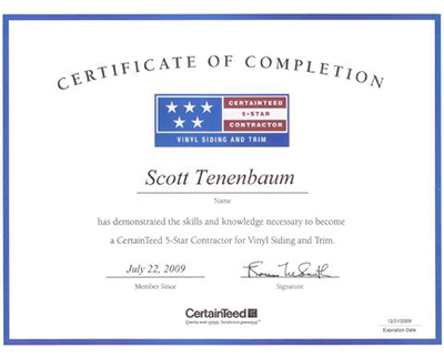 Scott Tenenbaum CertainTeed 5-Star Contractor Certificate